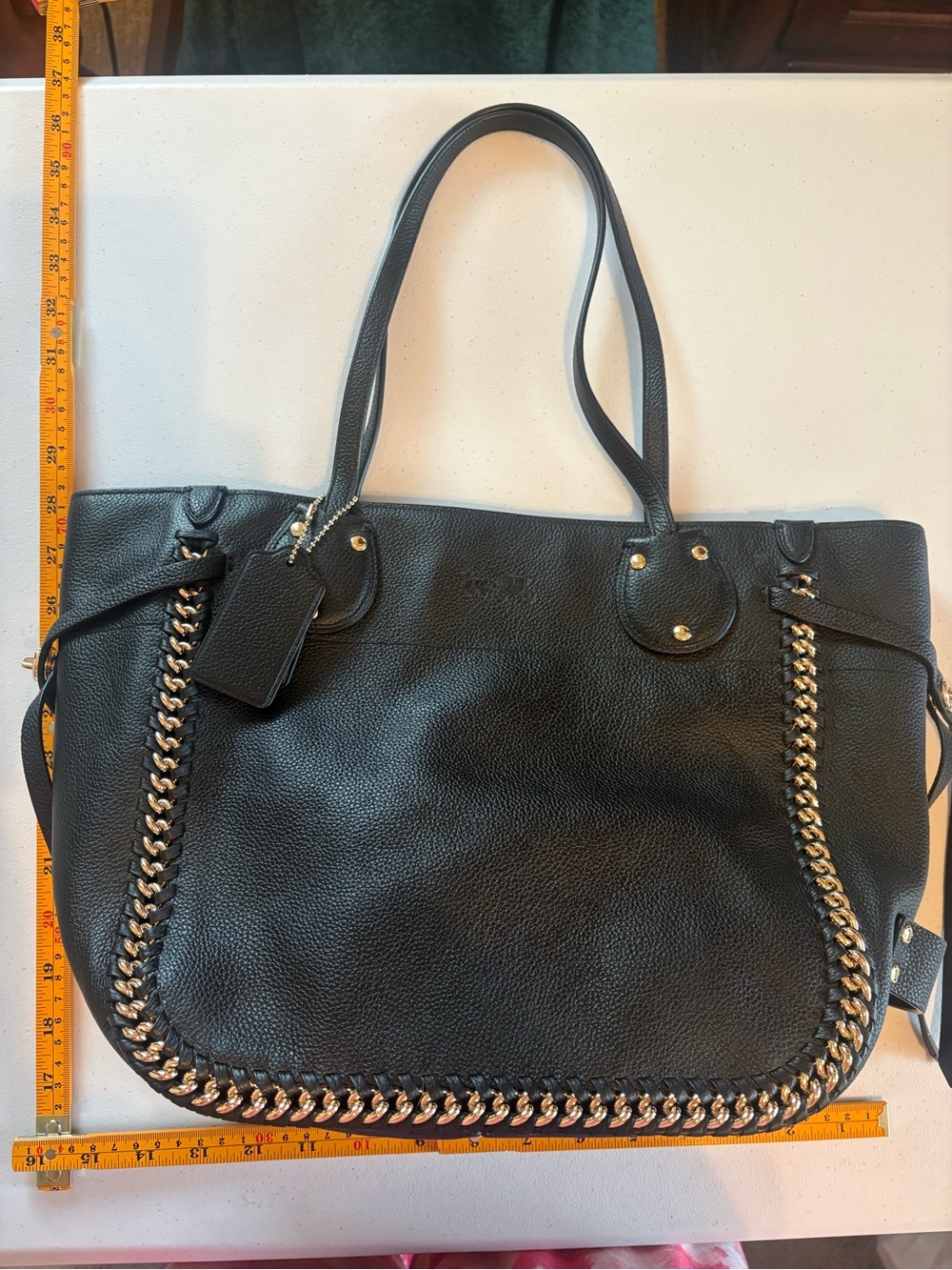 Coach Black Leather Shoulder Tote with Gold Chain Trim